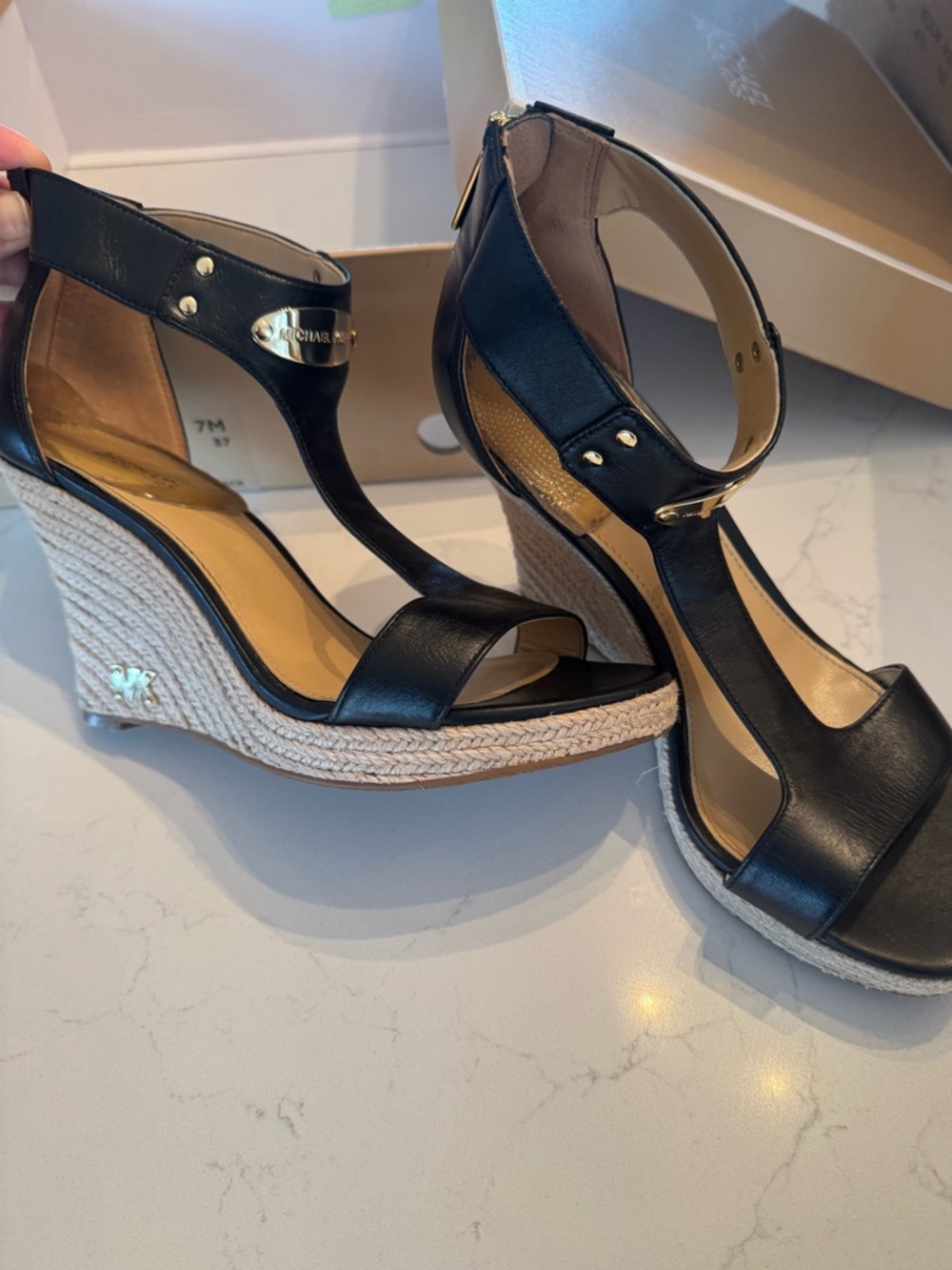 Michael Kors Black Leather Espadrille Wedge Sandals